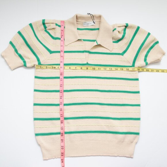 Greylin Billie Knit Polo Top Stripe Collar Short Sleeve Tan Green Medium New - Picture 6 of 6